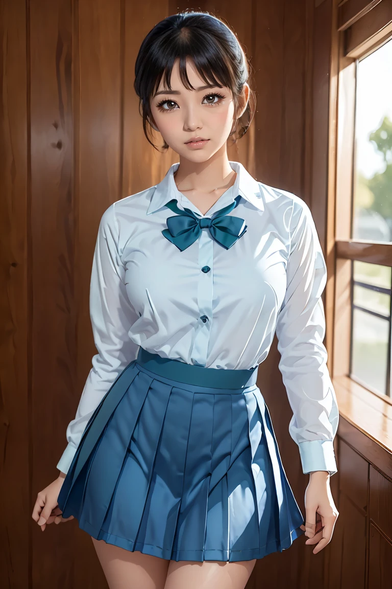 Akane Tendo, Furikan uniform, school_uniform_light blue__One Ease _ is puffy_sleeves_white_ with collar_shirt_green_return_bow, masterpiece, Best Quality,  detail face ,  detailed eyes on board,  high resolution on down,  is standing, Alone,, masterpiece, Best Quality,