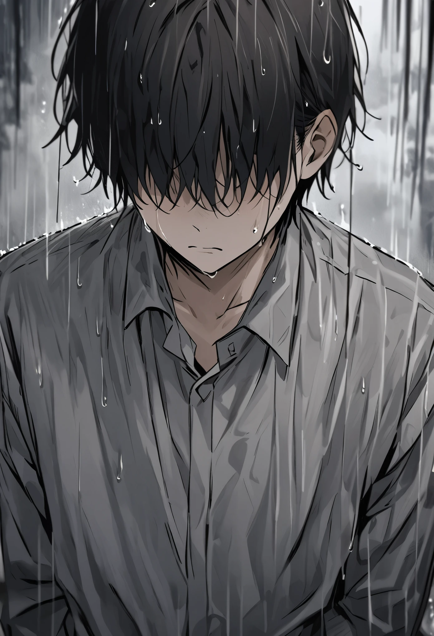 A young 18-year-old with his head tilted downward, his face obscured by his wet, dark hair, short hair, which falls in a messy fringe covering his eyes. His expression is hidden, but the posture and atmosphere convey a deep sense of melancholy and sadness. It's a rainy day, with water dripping from his hair and his clothes, adding to the somber mood. The background is blurry, reflecting the dull, grey tones of the rain, evoking a feeling of isolation and sorrow.