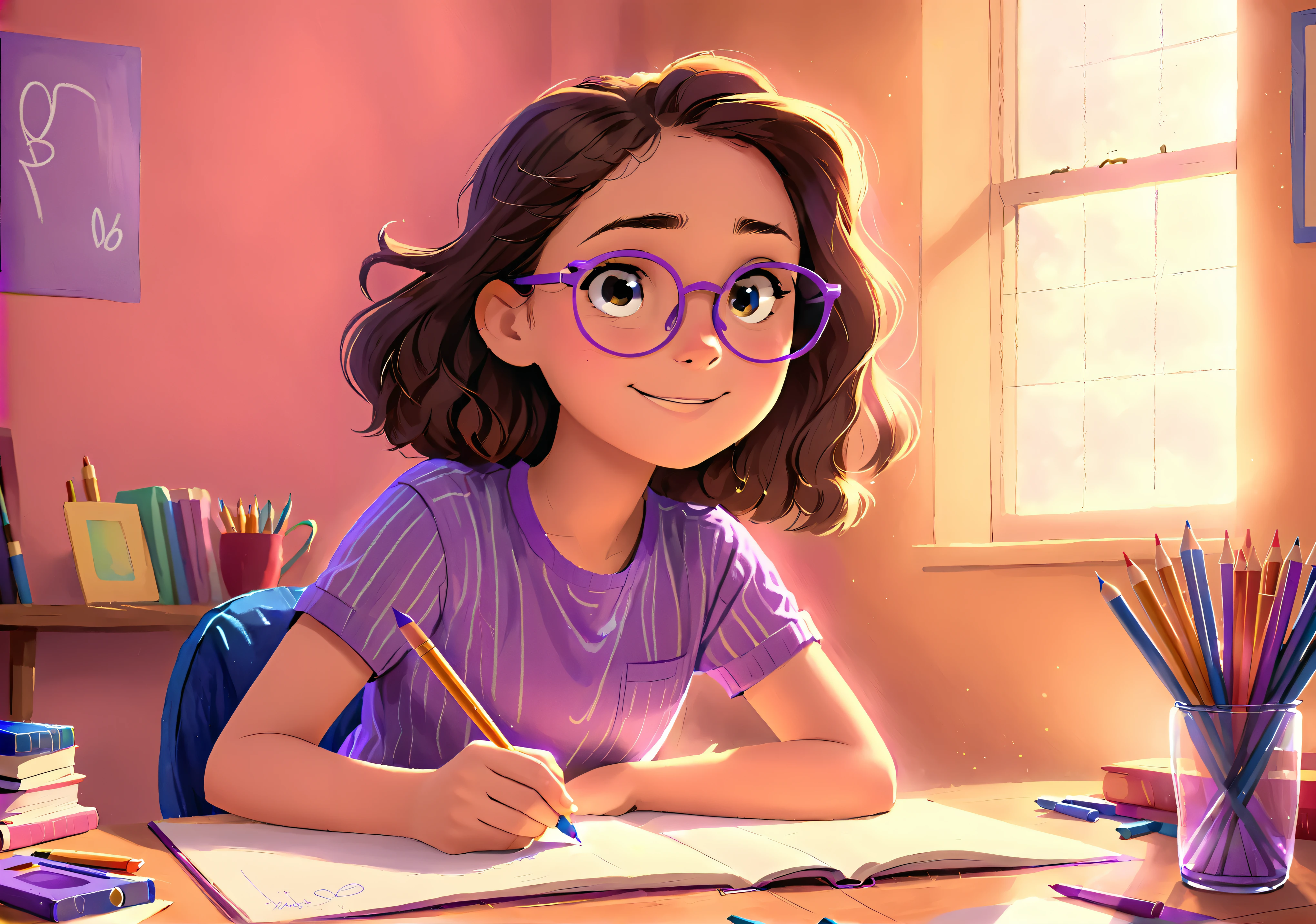 Clara, a girl with brown wavy hair, using glasses, drawing with crayons, happy expression, wearing purple shirt. Detailed face, intricate details, colorful crayons, cozy indoor setting, beautiful lighting, soft pastel colors, warm tones, cinematic composition, award winning illustration, highly detailed, photorealistic, 8k, masterpiece, professional, award winning, cinematic lighting, soft focus, beautiful composition, consistent character. The illustration should be simple and clean. The style of the illustration resembles a classic ren's book, combining a Disney cartoon and watercolor illustration but with thick lines outlining the image.