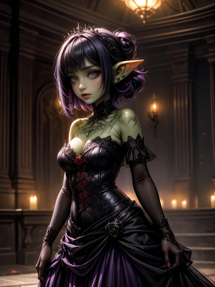 ((best quality)), ((masterpiece)), (detailed), dark gothic horror style, Halloween style, very small goblin girl, green skin, pointy ears, short purple hair with black streaks pixie hairstyle, bright red eyes, wearing incredibly intricate and revealing lingerie, boudoir photography style, visible nipples, dark, apologetic expression, sheer purple cape