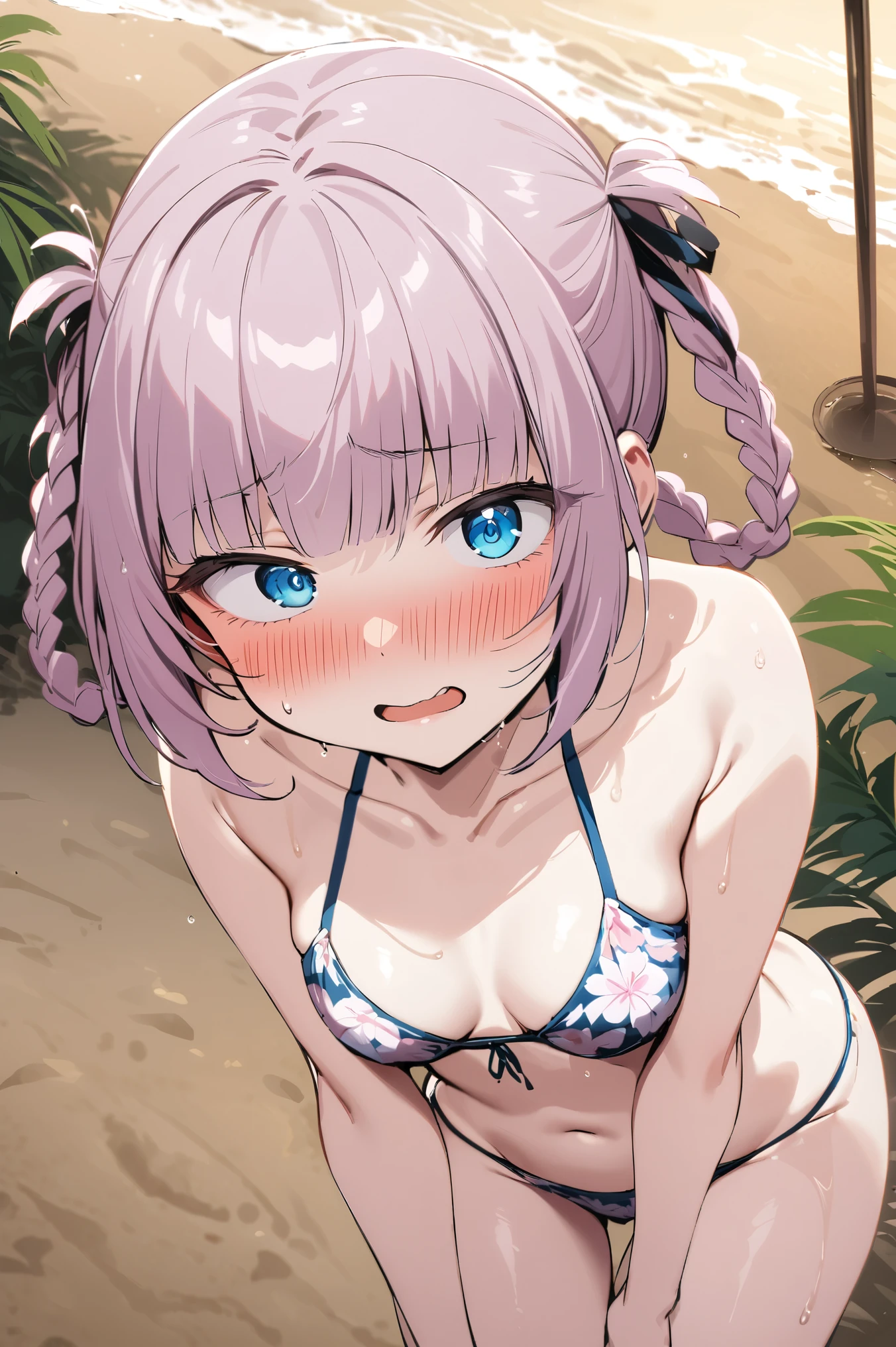 NSFW,masterpiece,Best Quality, high resolution on down, very detailed,Nanakusa Nazuna \(Night Song\),Pink Hair, braided ,bangs, blue eyes,tooth, floral bikini,ribbon,Groin,beach, palm trees,Beach House,Embarrassed,blush, wet ,Suspicious behavior,Soaked