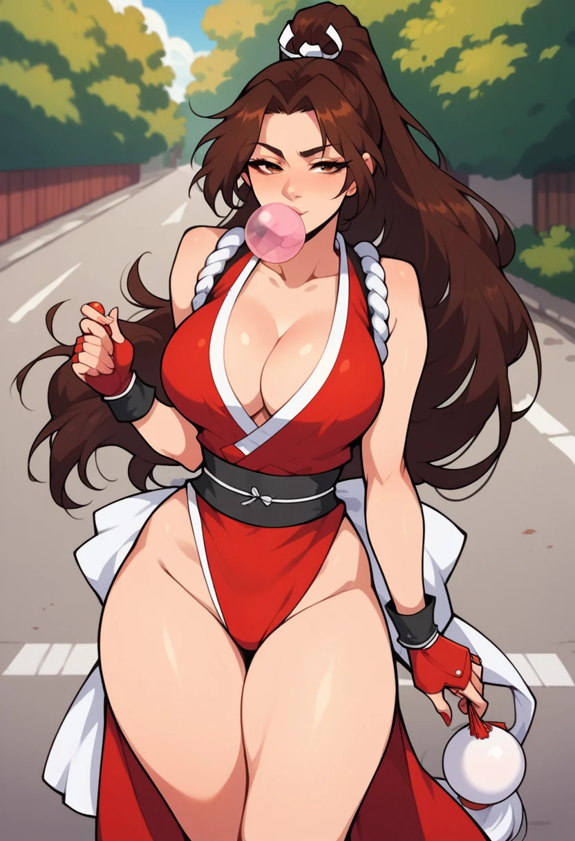  1 , Alone,Mai Shiranui,(((  long hair,  brown hair )))  brown eyes, red gloves, fingerless gloves, thighs, lean forward,  Big breasts , Make a chewing gum ball ,  half-closed eyes , top view, On a street, detailed, ( high quality, masterpiece, fundo extremamente detailed,  8k, rosto extremamente detailed) 