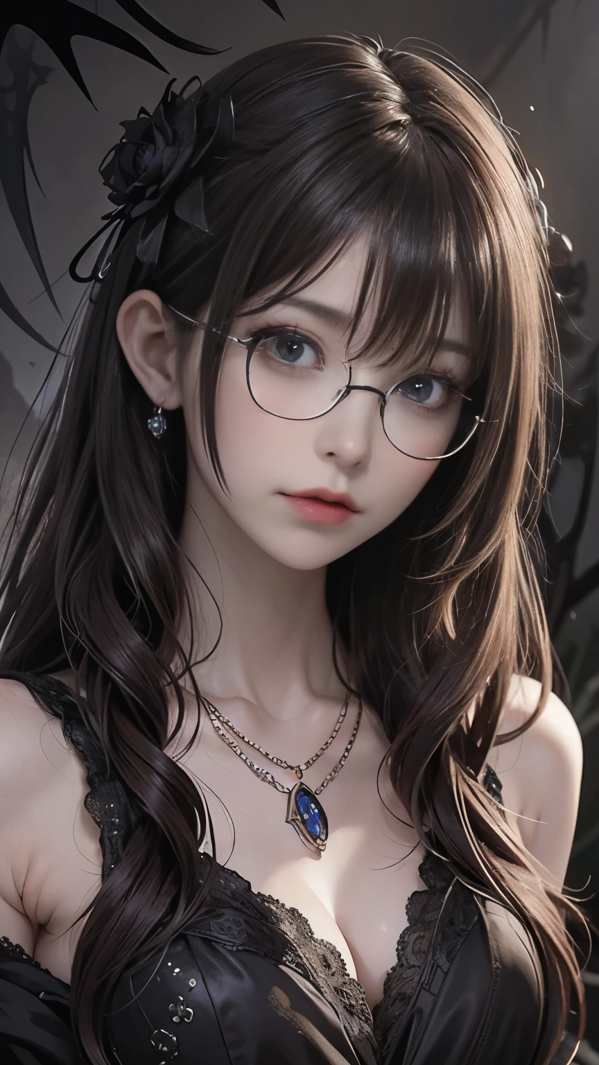 (highest quality,4K,8k,High resolution,masterpiece:1.2),Very detailed,(Realistic,photoRealistic,photo-Realistic:1.37), Close-up of a woman with dark hair and a black dress, Dark Eyes,an ominous笑顔,((((Glasses))))、((((big sapphire necklace))))、Evil Aura,Burning Flames,Soul Corruption,Dark Shadows,an ominous雰囲気,Strange symbols,Cursed Land,Eternal Darkness,Unforgettable Exists,Intimidating person,Grotesque features,Horror Scene,twisted reality,Scary atmosphere,A wonderful work of art,Evil Unleashed,Supernatural horror,Spooky art,nightmare fuel,Terrifyingly clear,Abstract fear,Terrifyingly beautiful,masterpiece,Fear incarnate,Shadow Chaos,Exists,to be born々Shii Darkness,in style of Dark Fantasy Art, Dark Fantasy Art, Beautiful and elegant queen of darkness, Dark Fantasy Art, fantasy dark art, Dark fantasy digital art, Gothic fantasy art, Gothic Dark Maiden, Detailed Texture,Spooky creatures,an ominous雰囲気,Mythical,Space horror,darkness,Mysterious,Dark aesthetic,Fog Background,Eyes of another world,Ancient Gods々々々々, Powerful wizard, MysteriousStanding in the woods. Flowing robes decorated with symbols, Arms stretched out, Powerful,Tentacles,Pitch black blackness,Majestic,Unfathomable depth,nightmare,The Exists of the universe,an ominousExists,seeping darknesss,Secrets of the Universe, (Spooky atmosphere), (((Dramatic Shadows), (Dynamic pose), ((Artistically expressed)), ((charm), (Gothic), (Mysterious Setting), (Moody color palette), (Skillfully drawn), (sense of unease), (Intricate details), (an ominous smile), (an ominous), (charm eyes), (Horror elements), (charm composition), (Impressive anatomy),(Striking contrast))), (Interesting character designs)、Dark Fantasy Portrait, Portrait of the Dark Goddess,