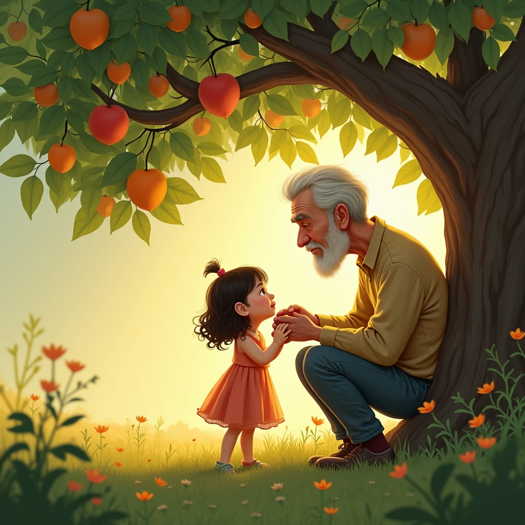 a seven year old girl with chocolate colored hair without bangs with MEDIUM hair, They are sitting in an orchard talking with their grandfather, his grandfather without glasses, without a jacket, He has white hair and beard. The girl is worried and the grandfather is amazed.