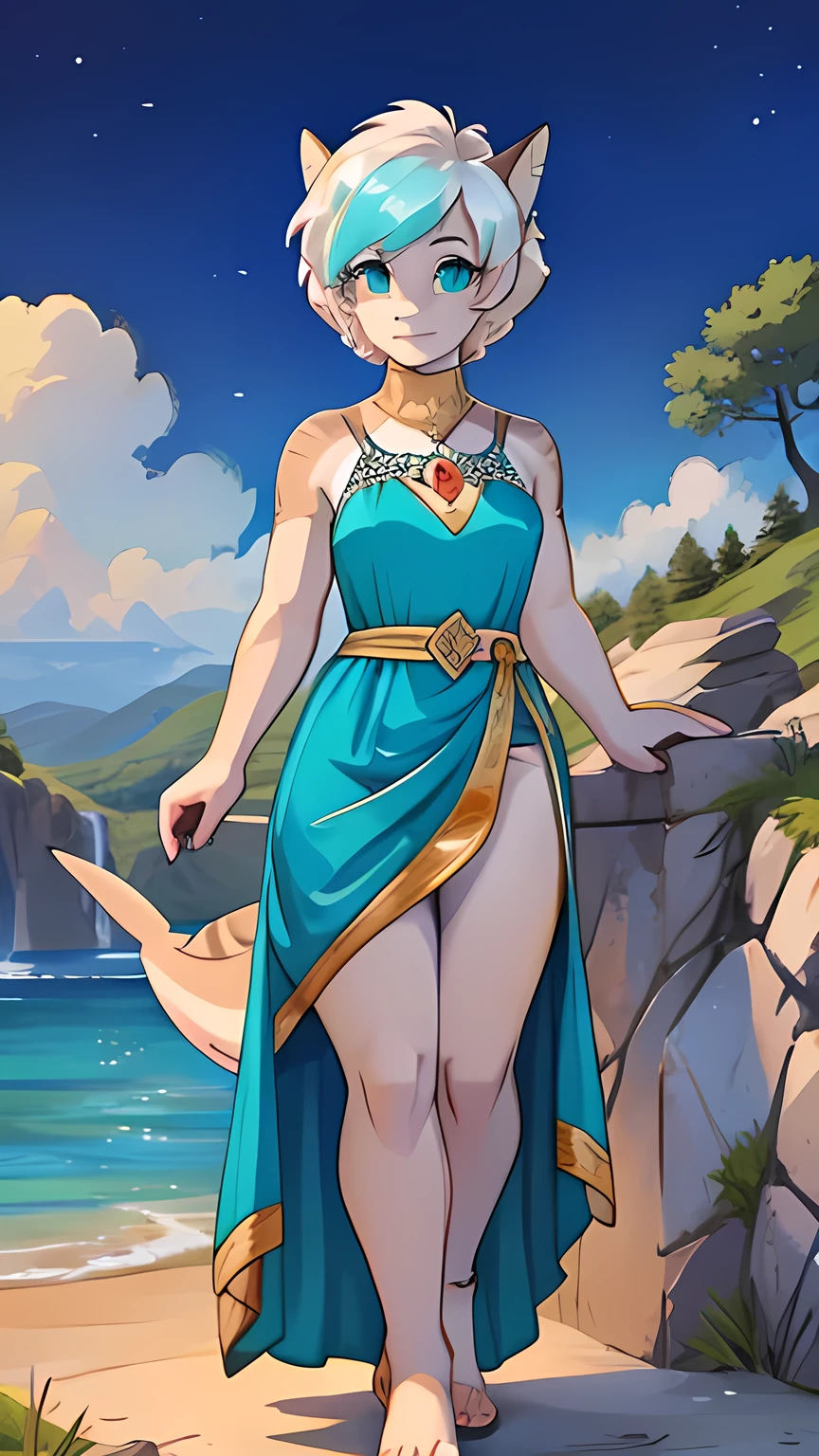 Woman, short white hair,teal eyes, shark like tail, wearing a native royal dress with two slits down     either side of the dress 