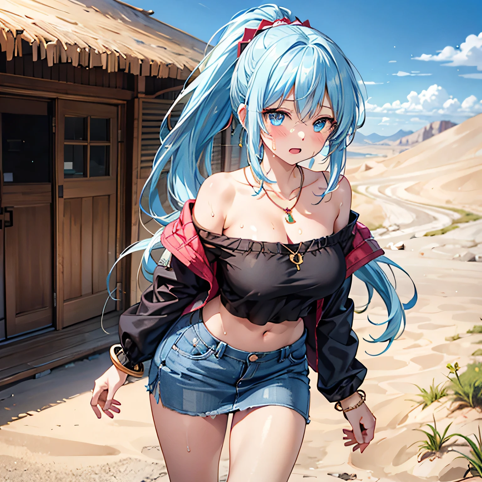masterpiece, (Realistic:1.5), Highest quality, Beautiful lighting, Real Life, nami \(one piece\), (solo people only ), 2 or more people NG, , beautiful, perfect anatomy , Bangles, bangs, Exposing shoulders, belt, bikini, green bikini top only, blue sky, bracelet, , Brown eyes, , Cleavage, Slim waist, cloud, Cowboy Shot, , , Earrings, Floating Long Hair, green belt, , between legs, jeans, jewelry, large chest, Log Pause, , , belly button, , , , , sky, smile, , standing alone, , , , , Sweat-soaked skin, , , (RAW Photos, 8K Ultra HD, Film Grain), Caustics, Scattered beneath the surface, reflection