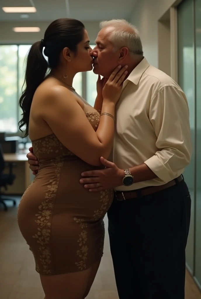 40yo MATURE MILF Aishwarya rai as corporate lady, devotedly ((kissing a man)) in the office, she is wearing a formal business attire, tank top, very long business skirt, high heels, athletic healthy curvy milf figure, open hair, hourglass figure, (very huge juicy breasts:1.3), little pregnant belly, seductive face, erotic adult face, 40 yo, soft volumetric lights, intricate details, (ArtStation:1.2)
