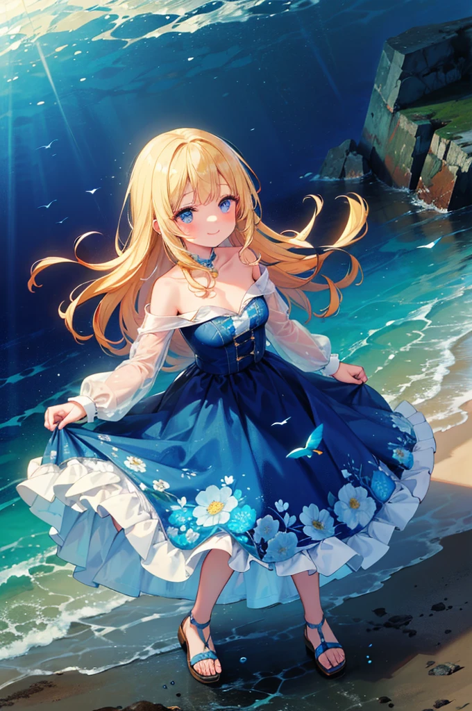 (8k,  super quality, masterpiece), ( Details),  one woman, cute,  small breasts, blonde, Navy Blue Dress, Floral, Sandals, whole body, soaked,  like a , The best smile, sea, sea水浴, Water Drop,  I'm soaked up to my chest, Lots of water, Underwater theme , 