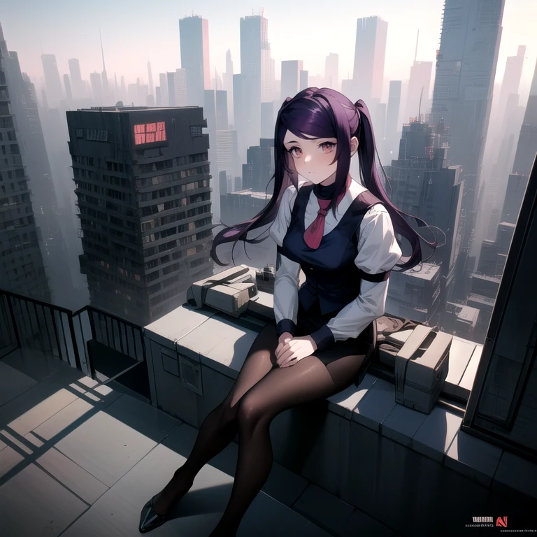 (Masterpiece), Va-11 hall-a, defJill, twintails, turtleneck, collared shirt, long sleeves, red necktie, vest, black skirt, pantyhose, Full body SHOT, (Solo), (sitting on a rooftop overlooking the city), cyberpunk art style, digital cyberpunk anime art, cyberpunk horror style, dark cyberpunk art style, 