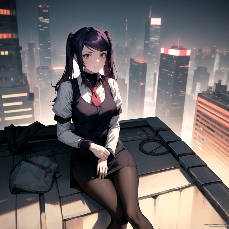 (Masterpiece), Va-11 hall-a, defJill, twintails, turtleneck, collared shirt, long sleeves, red necktie, vest, black skirt, pantyhose, Full body SHOT, (Solo), (sitting on a rooftop overlooking the city), cyberpunk art style, digital cyberpunk anime art, cyberpunk horror style, dark cyberpunk art style, 