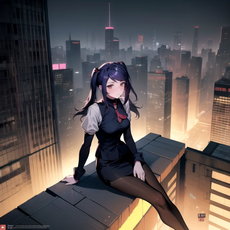 (Masterpiece), Va-11 hall-a, defJill, twintails, turtleneck, collared shirt, long sleeves, red necktie, vest, black skirt, pantyhose, Full body SHOT, (Solo), (sitting on a rooftop overlooking the city), cyberpunk art style, digital cyberpunk anime art, cyberpunk horror style, dark cyberpunk art style, 