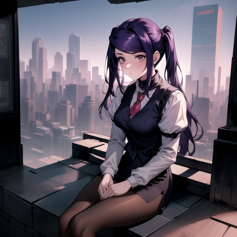 (Masterpiece), Va-11 hall-a, defJill, twintails, turtleneck, collared shirt, long sleeves, red necktie, vest, black skirt, pantyhose, Full body SHOT, (Solo), (sitting on a rooftop overlooking the city), cyberpunk art style, digital cyberpunk anime art, cyberpunk horror style, dark cyberpunk art style, 