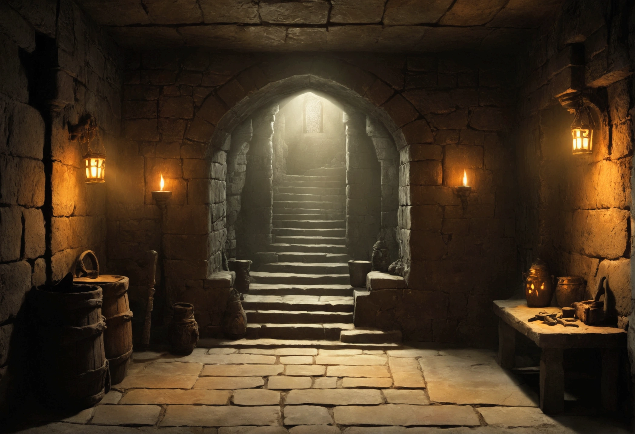 There is a dimly lit room with a stone floor and a door, in a dungeon background, dungeon background, inside a dungeon, ancient dungeon, ancient persian temple dungeon, fantasy dungeon, dungeons, dungeon, underground room, rustic throne room, creepy dungeon, role playing game background, dimly lit underground dungeon, background art, kingdom of light background, gloomy castle background, door with stairs, cells, ancient table, devilish symbols, wall with 1925 tools, cauldron, open plan