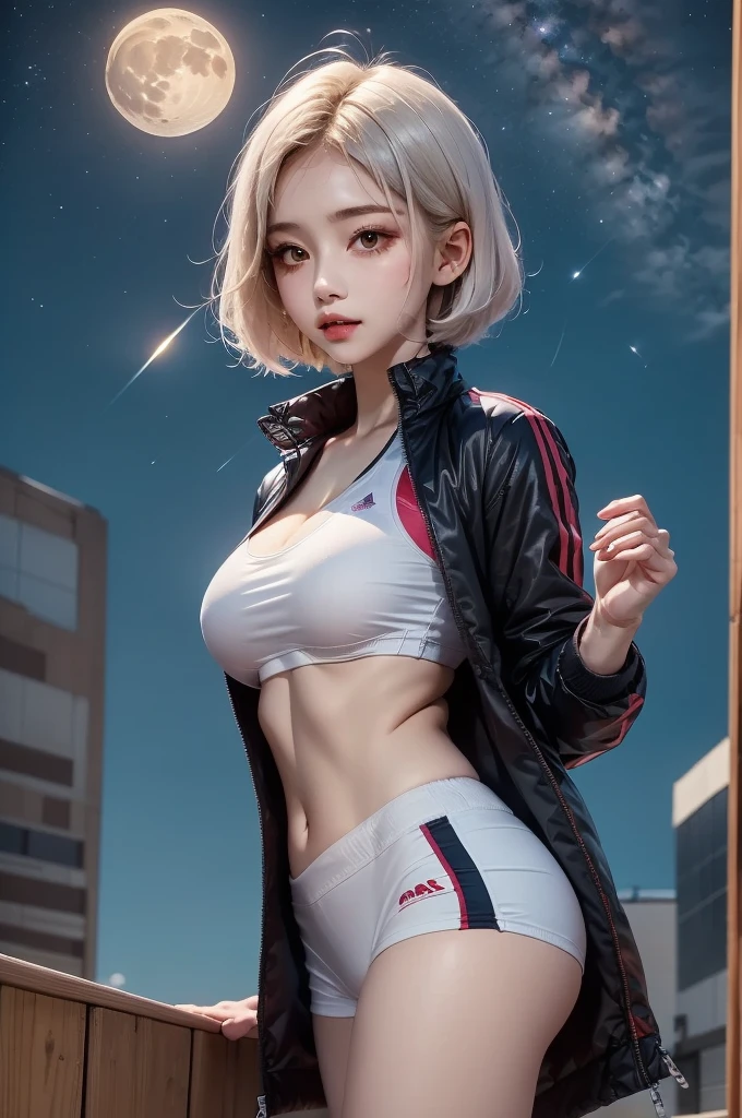 masterpiece, best quality, 1girl, medium breasts, underboob, white brond hair, short hair, beautiful, sky, night, star, moon, sports wear, sports girl, short jacket. face:sweet girl
