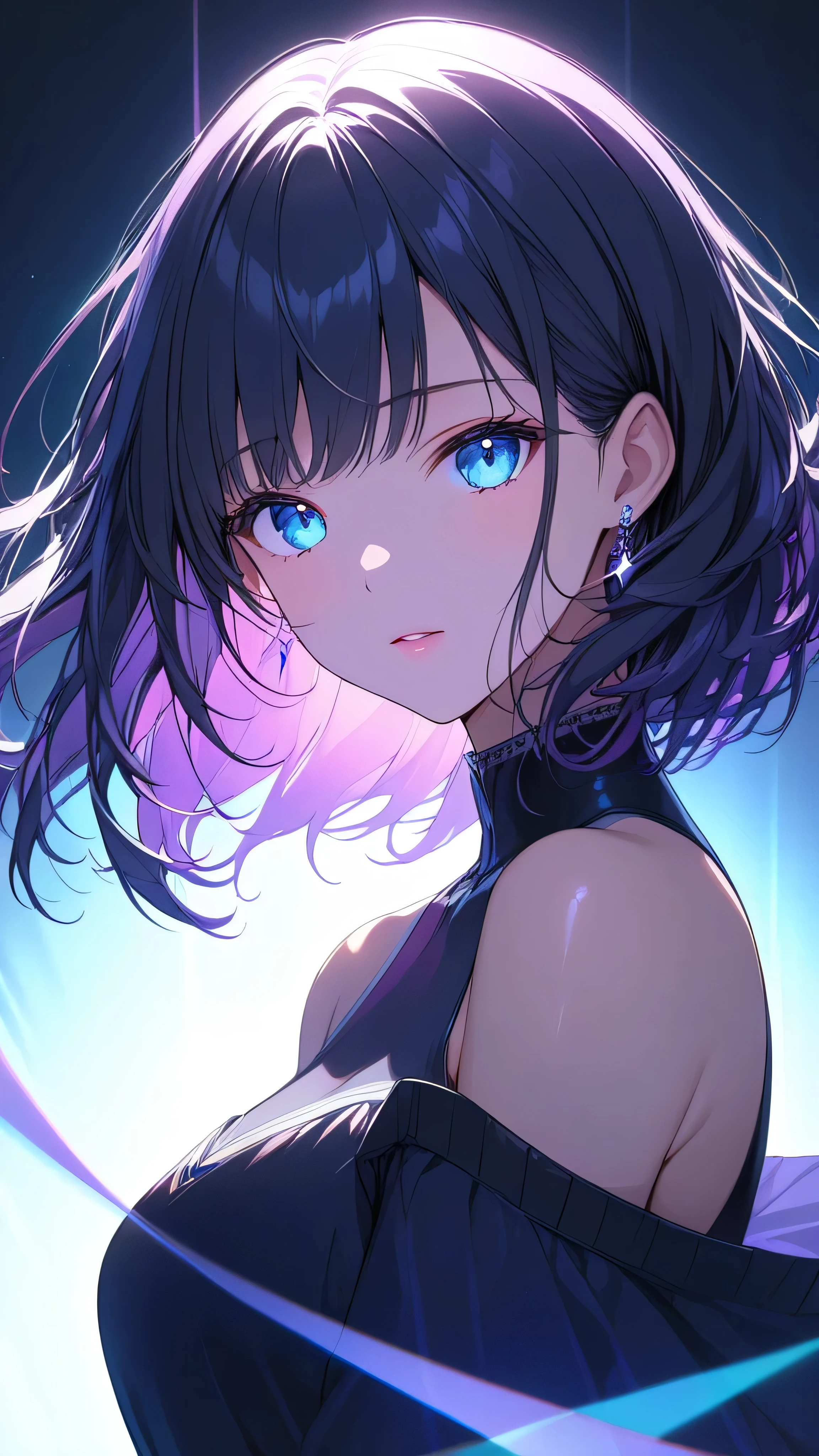 One 14-year-old girl, ((Black dress))、(Inner color hairstyle), Beautiful Hair, Facial Contour, Remember, Party Venue, moonlight、splash, Lens flare,, Natural Color, High resolution, Very delicate, Very detailed, 8k,(There is swelling of the breasts、About B cup)、Shyness,((Sexual))
