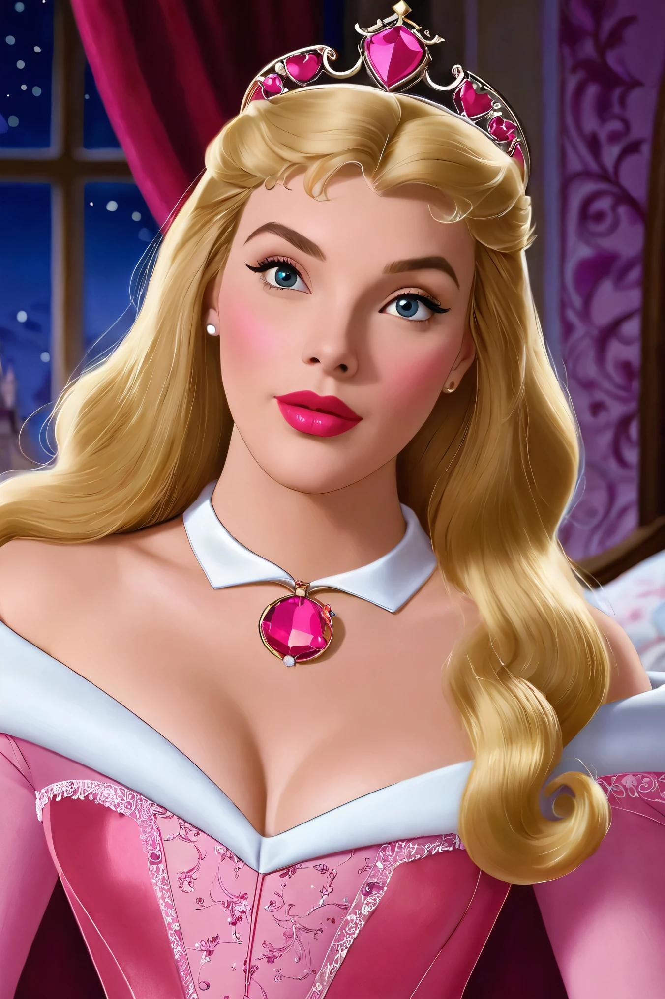 ((Sleeping lying on bed))((Princess aurora, from disney the sleeping beauty animated movie series)) Full body photo ((beautiful face)) (red lipstick) ((long blonde hairstyle with bangs)) ((very huge breasts) (perfect slim body) hourglass figure, ((wears pink, garterbelt)) ((choker, head band)) ((sleeping inside bedroom on castle at night)) (high definition, dynamic lights and shadows) ((masterpiece)) (8k) (perfect face) (best quality) (perfect hands)(at night) detailed bed in view, 