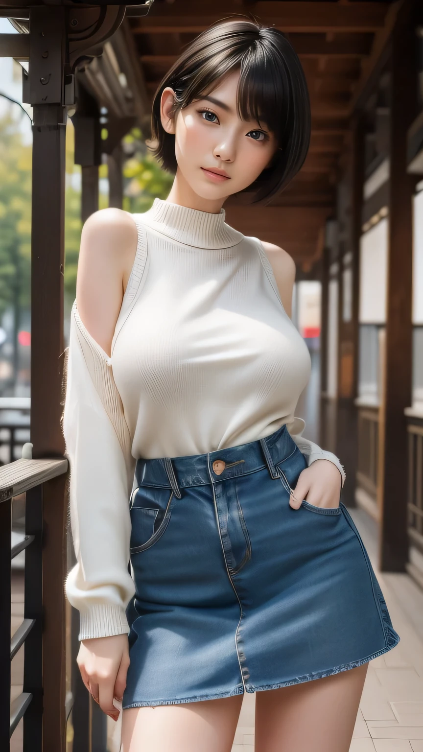 Black hair, Very short pixie hair, (Pale skin:1.3), Wearing black lid eye glasses, 8k, RAW Photos, highest quality, masterpiece, Realistic, Detailed face, Detailed skin, Warm color temperature, (Park background:1.1), Beautiful Japanese Girl, Asymmetrical bangs, Black hair, whole bodyショット, (Front view:1.3), (Wearing a clothes:1.3), (low length:1.1), Height: 148cm, , skinny, (Wearing a white sweater), (Denim Micro skirt), (Huge Breasts:1.4), Saggy breasts, smile, chichibukuro, (Czech, whole body, Dressed:1.2), standing, (cowboy shot:1.2), head to thigh,