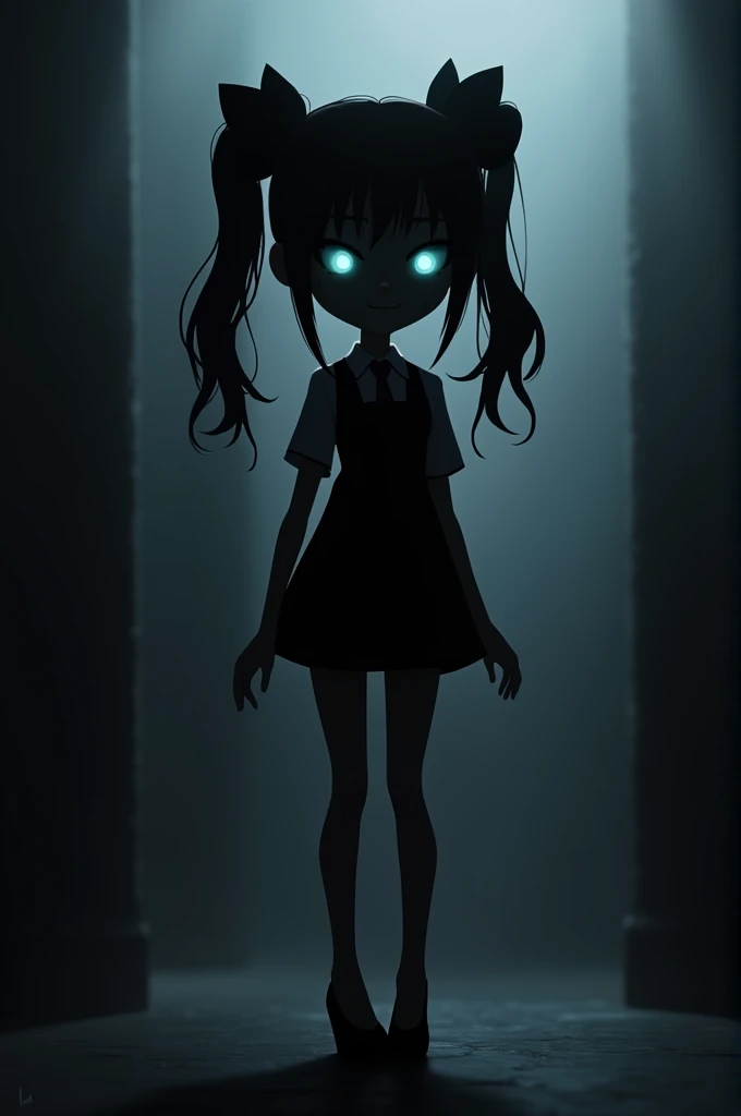 anime beautiful demon women, shark teeth, long hair, night, (standing in the corner of someone's room), eyes, wicked smile, detailes, 4k, dark room, full body