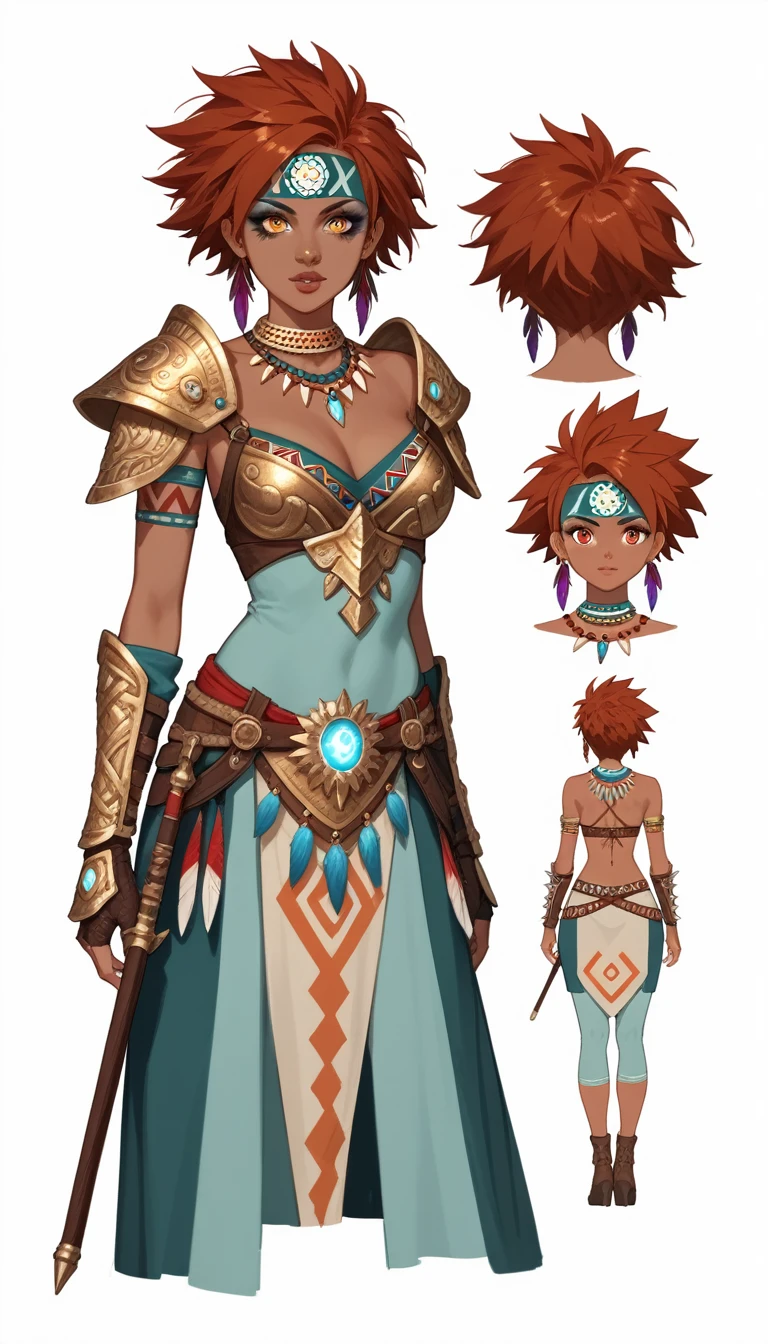 Solo, dark skinned girl, really short hair, spiked hair, auburn hair, glowing golden eyes, Feathered Tribal Headband, Feathery Angelic Armor, Tribal Makeup, Jeweled golden necklaces, Jeweled gauntlets, (Rainbow magic in both hands),, In Combat, Fishnets, white background, character design Sheet, Multiple Views 