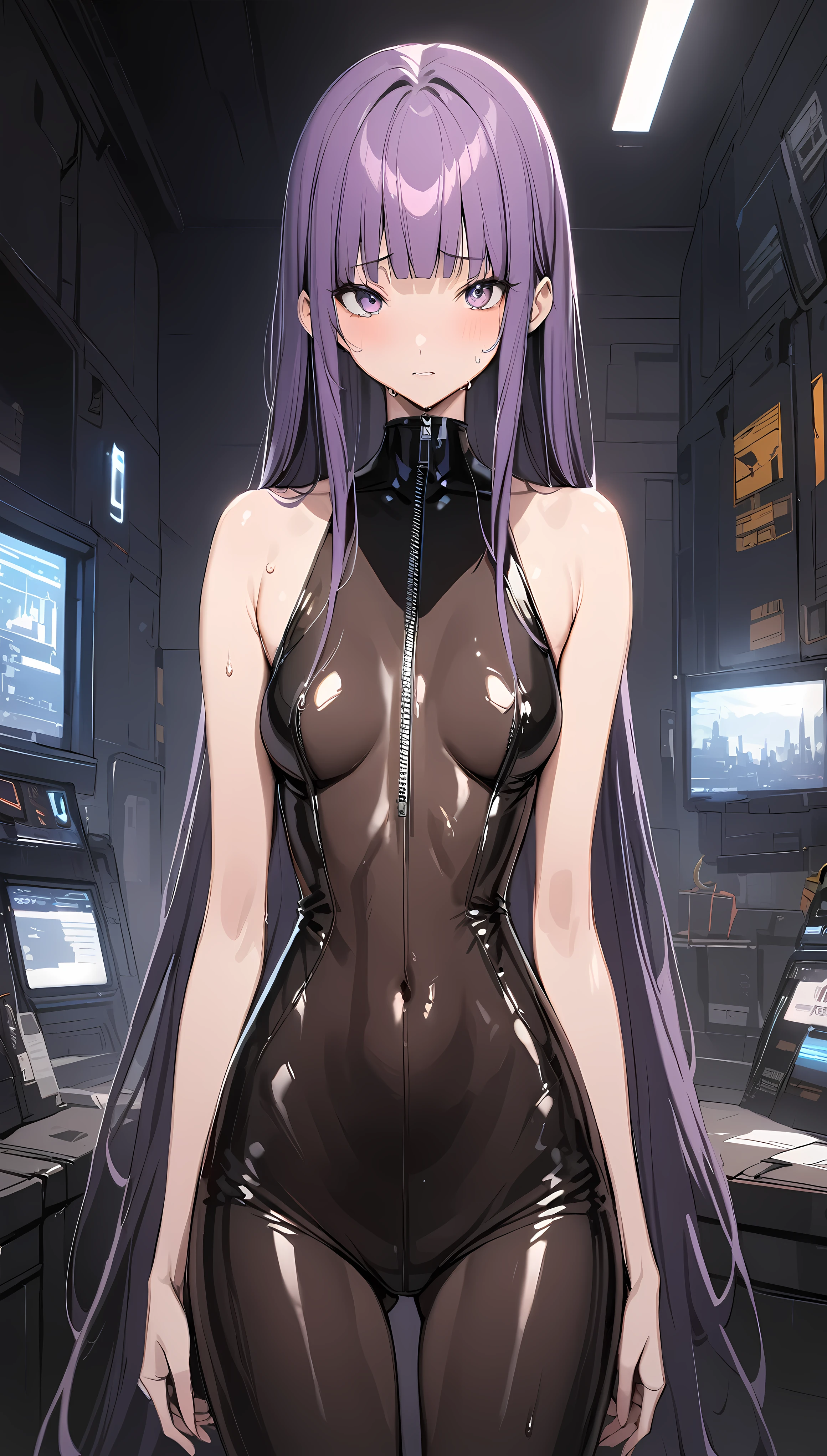 (highest quality,8k, 4K,masterpiece:1.2,Best aesthetics),portrait,cowboy shot,1woman,adult,straight long hair,purple hair,bangs, (very small head:1.2),(gorgeous cute eyes),purple eyes,shy,(very long body:1.2),medium breasts,(Black bodysuit,sleeveless,latex,open clothes,- Front zip),skinny,toned body,shiny skin,sweat,high contrast,Simple bedroom、Cyberpunk Room、 Blade Runner's World