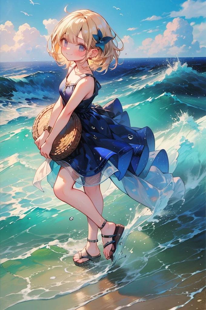 (8k,  super quality, masterpiece), ( Details),  one woman, cute,  small breasts, blonde, Navy Blue Dress, Floral, Hawaiian Dress, Sandals, whole body, soaked,  like a , The best smile, sea, sea水浴, Water Drop,  I'm soaked up to my chest, Lots of water, 