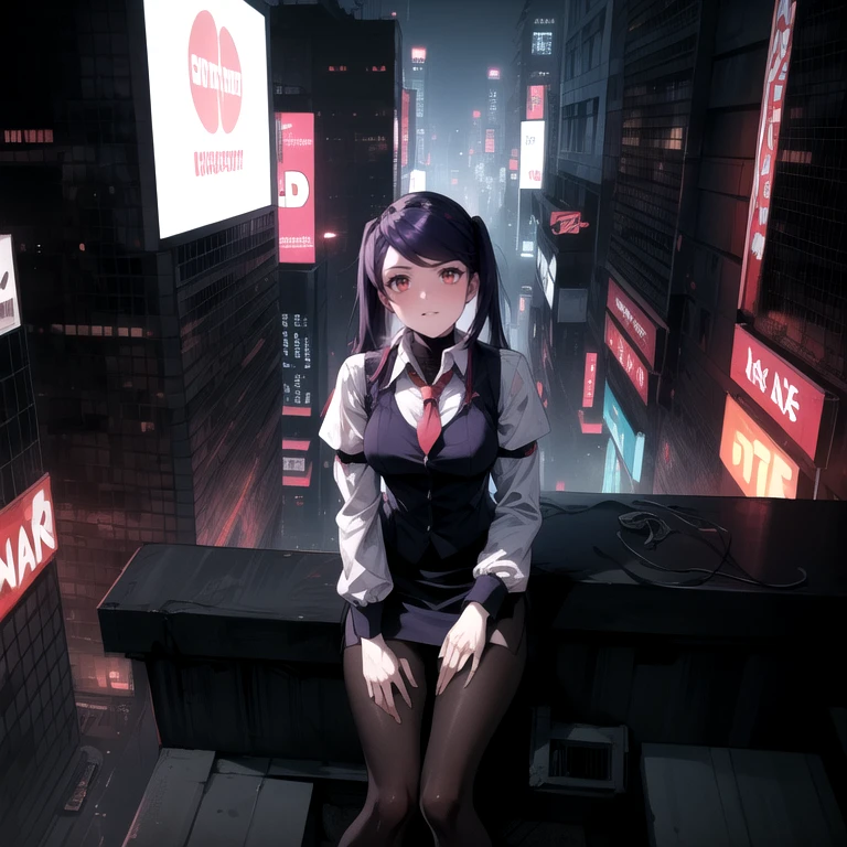 (Masterpiece), Va-11 hall-a, defJill, twintails, turtleneck, collared shirt, long sleeves, red necktie, vest, black skirt, pantyhose, Full body SHOT, (Solo), (sitting on top of a neon billboard on a rooftop's ledge overlooking the neon city), (Night), (Far Away Shot, looking up), cyberpunk art style, digital cyberpunk anime art, cyberpunk horror style, dark cyberpunk art style, neon,