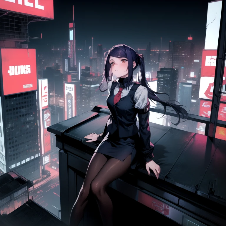 (Masterpiece), Va-11 hall-a, defJill, twintails, turtleneck, collared shirt, long sleeves, red necktie, vest, black skirt, pantyhose, Full body SHOT, (Solo), (sitting on top of a neon billboard on a rooftop's ledge overlooking the neon city), (Night), (Far Away Shot, looking up), cyberpunk art style, digital cyberpunk anime art, cyberpunk horror style, dark cyberpunk art style, neon,