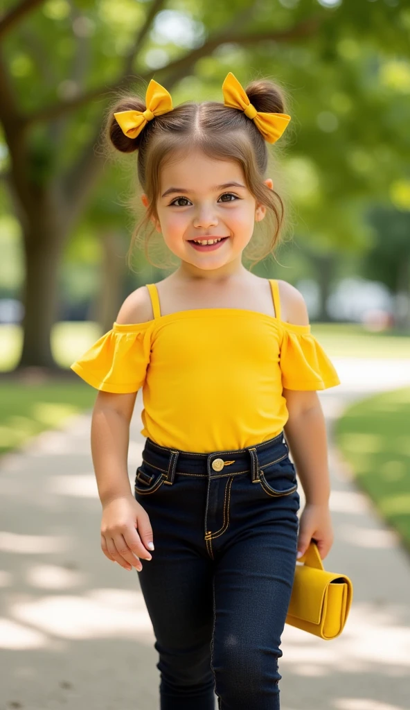 A high-quality, adorable digital image of a young  around two to three years old, with chubby cheeks, styled in trendy and fashionable clothes. The  is wearing a yellow, puffed-sleeve, off-the-shoulder top paired with dark, high-waisted jeans, accessorized with a small yellow handbag. The  has brown hair styled in two playful, symmetrical buns with matching yellow hair ties. She is walking confidently on a path in an outdoor park setting with blurred green foliage in the background, showcasing a joyful expression. The lighting is warm, enhancing her rosy cheeks and vibrant clothing.