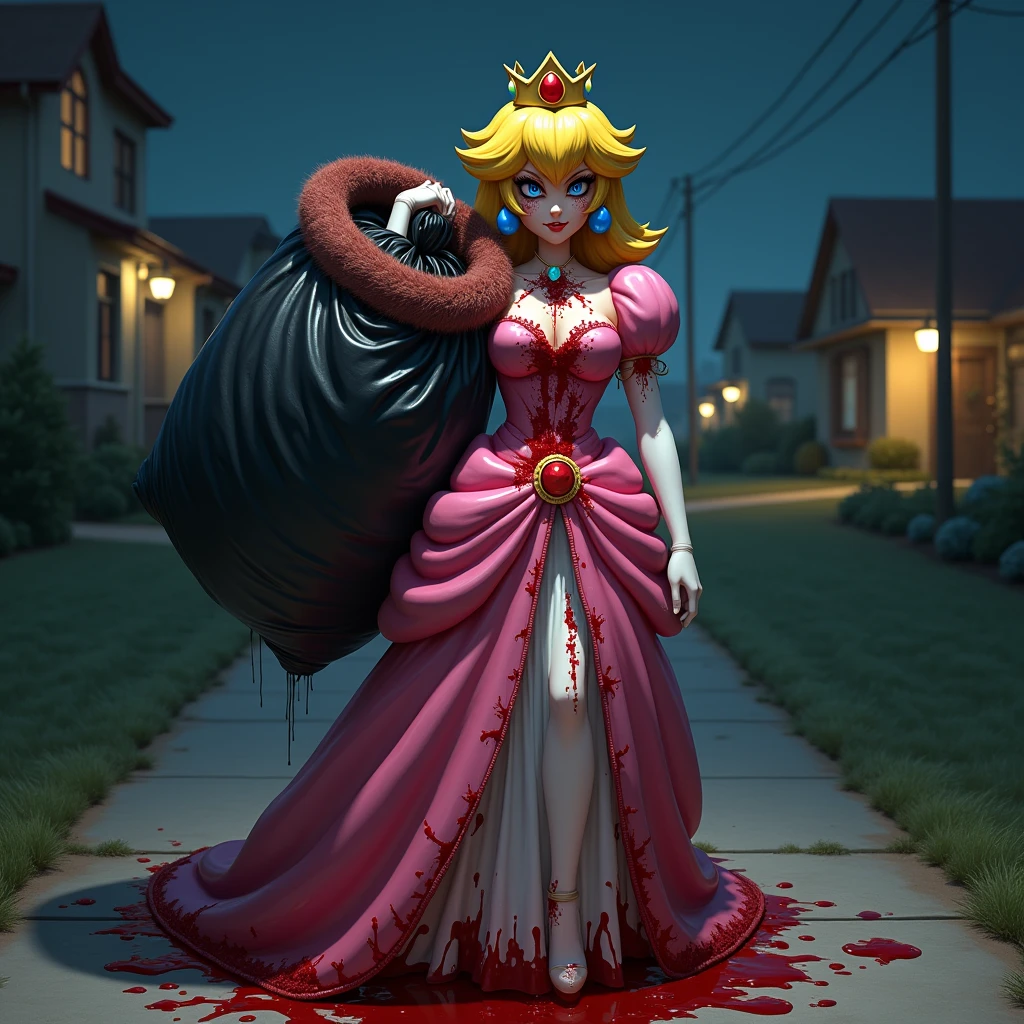 Zombie girl, fog, realistic, solo, dark lighting, rage, rotting mushrooms in backround, mushrooms growing on body, decayed, , rotting, green skin, princess peach, pink dress,  blonde hair, bloody face, missing face, glowing green eyes, <lora:Zombie_Gals_1.1:0.7>