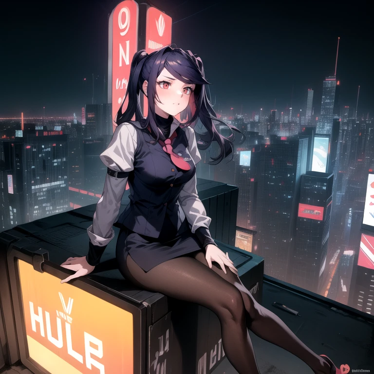 (Masterpiece), Va-11 hall-a, defJill, twintails, turtleneck, collared shirt, long sleeves, red necktie, vest, black skirt, pantyhose, Full body SHOT, (Solo), (sitting on top of a neon billboard that's on top of a rooftop overlooking the neon city), (Night), (Far Away Camera), cyberpunk art style, digital cyberpunk anime art, cyberpunk horror style, dark cyberpunk art style, neon,