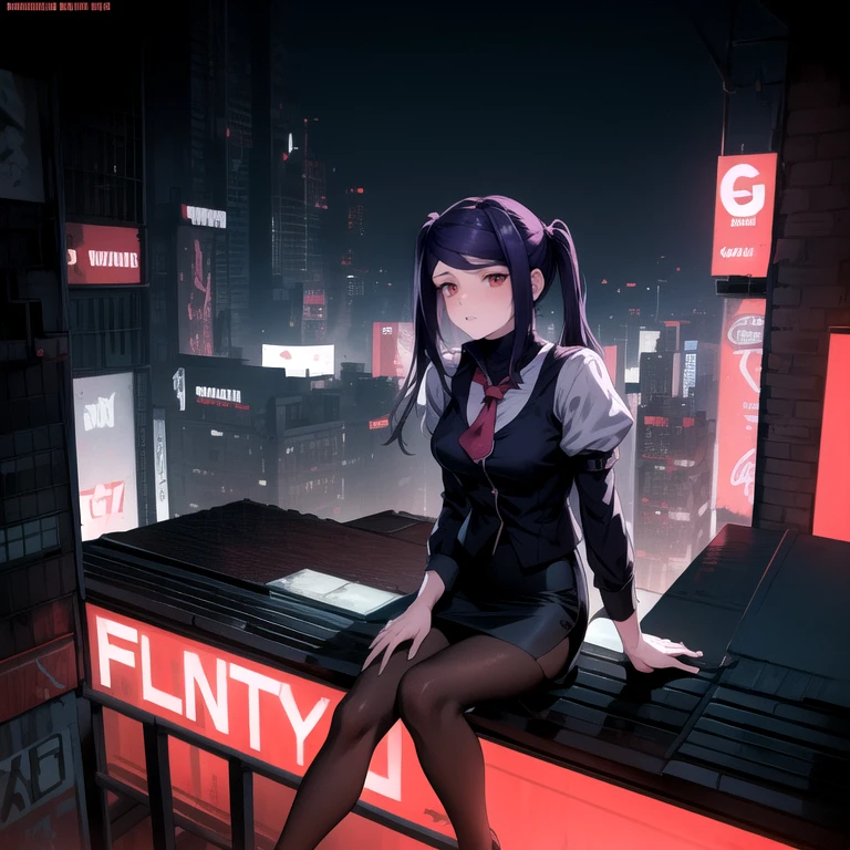 (Masterpiece), Va-11 hall-a, defJill, twintails, turtleneck, collared shirt, long sleeves, red necktie, vest, black skirt, pantyhose, Full body SHOT, (Solo), (sitting on top of a neon billboard that's on top of a rooftop overlooking the neon city), (Night), (Far Away Camera), cyberpunk art style, digital cyberpunk anime art, cyberpunk horror style, dark cyberpunk art style, neon,