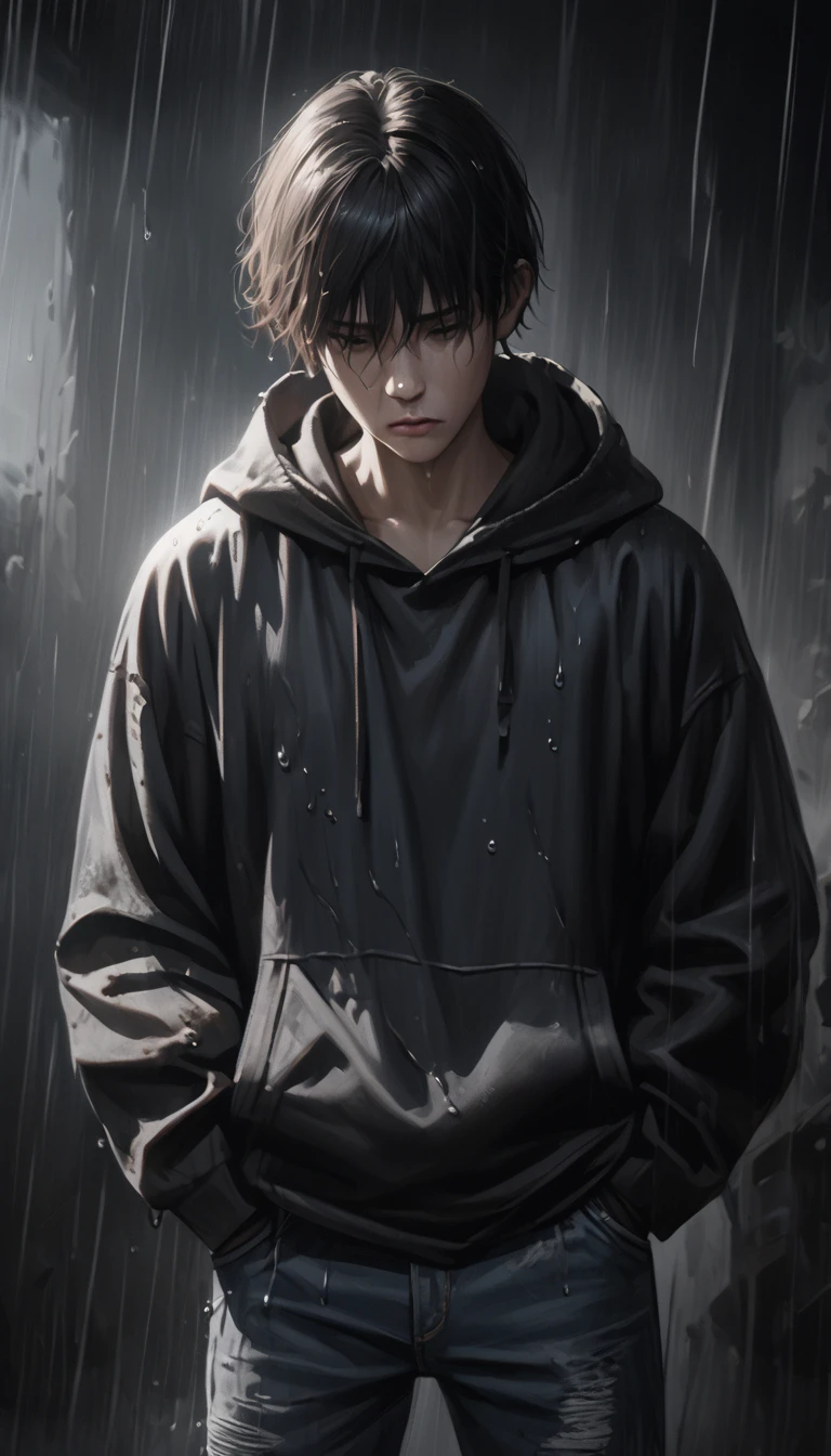 a young man with short dark hair, mysterious expression, partially obscured face, soaked dark hoodie, simple black t-shirt, worn jeans, raindrops on clothing, hands in pockets, melancholy atmosphere, muted grey background, 4k, cinematic lighting, hyper realistic, oil painting, dramatic, moody