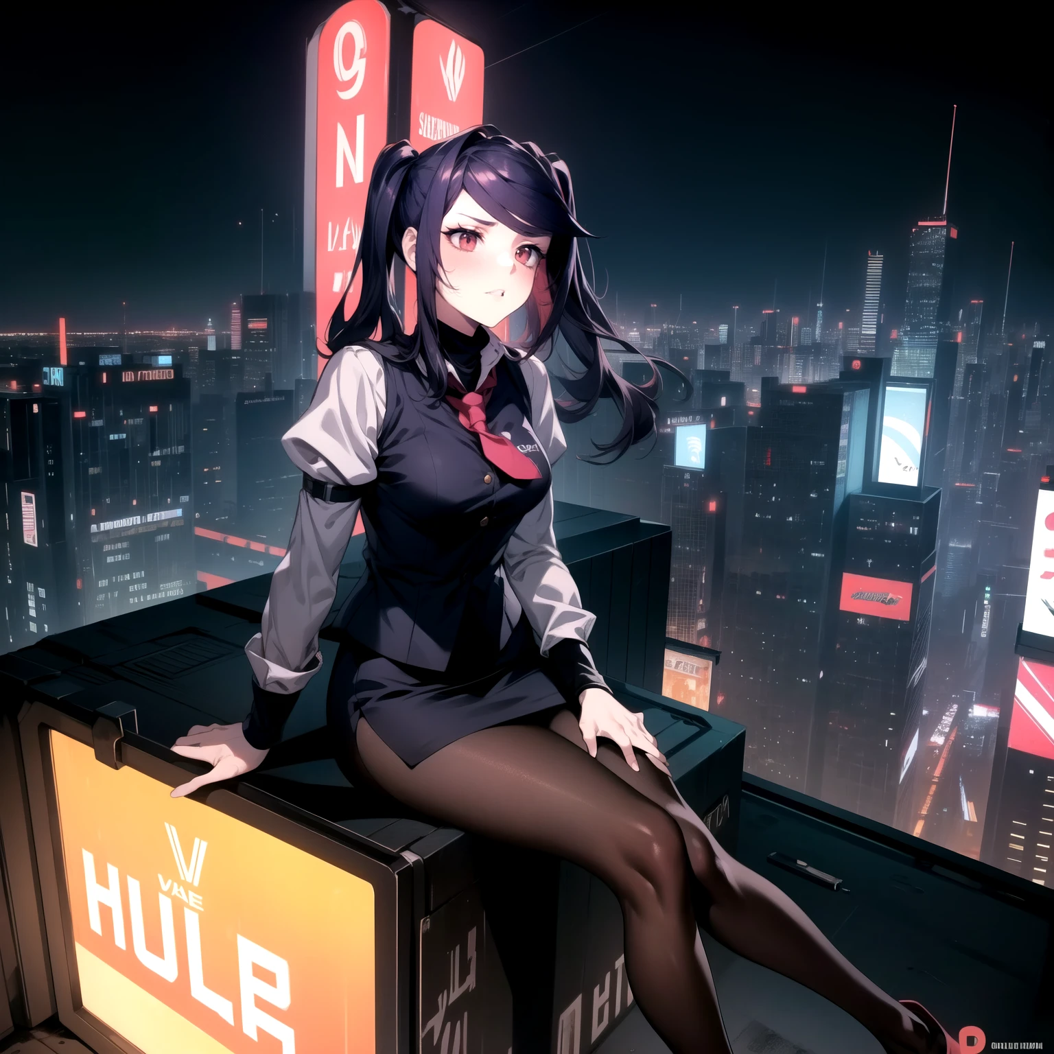 (Masterpiece), Va-11 hall-a, defJill, twintails, turtleneck, collared shirt, long sleeves, red necktie, vest, black skirt, pantyhose, Full body SHOT, (Solo), (sitting on top of a neon billboard that's on top of a rooftop overlooking the neon city), (Night), (Far Away Camera), cyberpunk art style, digital cyberpunk anime art, cyberpunk horror style, dark cyberpunk art style, neon,