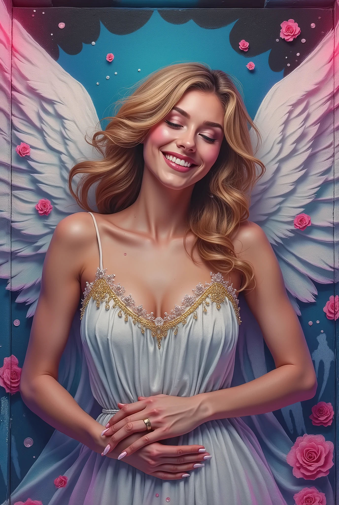 Beautiful Italian woman, 18 years old, brown-blonde hair, angelic and delicate face, long hair, half-up hairstyle, with elegant thick waves, blonde with light roots, in a beautiful Instagram place, photo taken outdoors during the golden hour, ((realistic  photo), (large realistic breasts) ), ((angel face)), ((close-up photo of a person dressed festively in a pink ball gown, holding a pink strawberry cake in her hands, with white burning candles representing the number 18, celebrating her 18th birthday,  very natural position), ((blonde hair with light blue roots)), (natural wide smile,)), blonde hair, light brown eyes, close-up of a person, surrounded by presents, wrapped elegantly, broadly smiling naturally, realistic, very natural photo, hair elegantly  stylized, with bluish roots, blonde, wearing a pink fluffy dress, cut and style resembling a wedding dress, smiling, turned to the left, smiling broadly, LUT from Instagram, 18 years old.