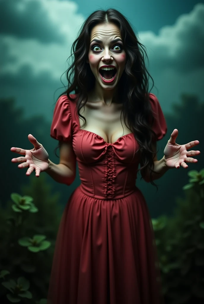 masterpiece photo of a dark-haired full-length sorceress with green eyes dressed in a magical watermelon dress actively says something while gesticulating, a cheerful facial expression, blush, interesting dynamic pose, against the background of college of magic, a rich blue sky with clouds, a lot of vegetation, bright colors, intricate bizarre color combinations, horror