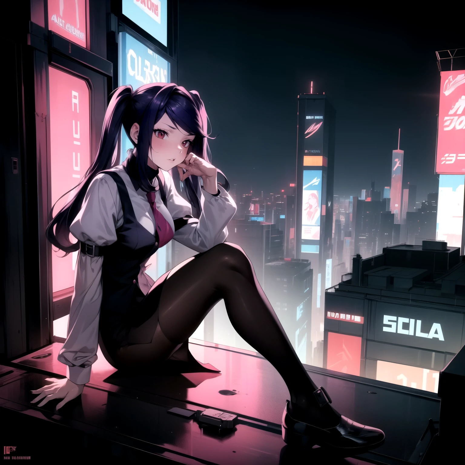 (Masterpiece), Va-11 hall-a, defJill, twintails, turtleneck, collared shirt, long sleeves, red necktie, vest, black skirt, pantyhose, Full body SHOT, (Solo), (sitting on top of a neon billboard that's on top of a rooftop overlooking the neon city), (Night), (Far Away Camera), cyberpunk art style, digital cyberpunk anime art, cyberpunk horror style, dark cyberpunk art style, neon,