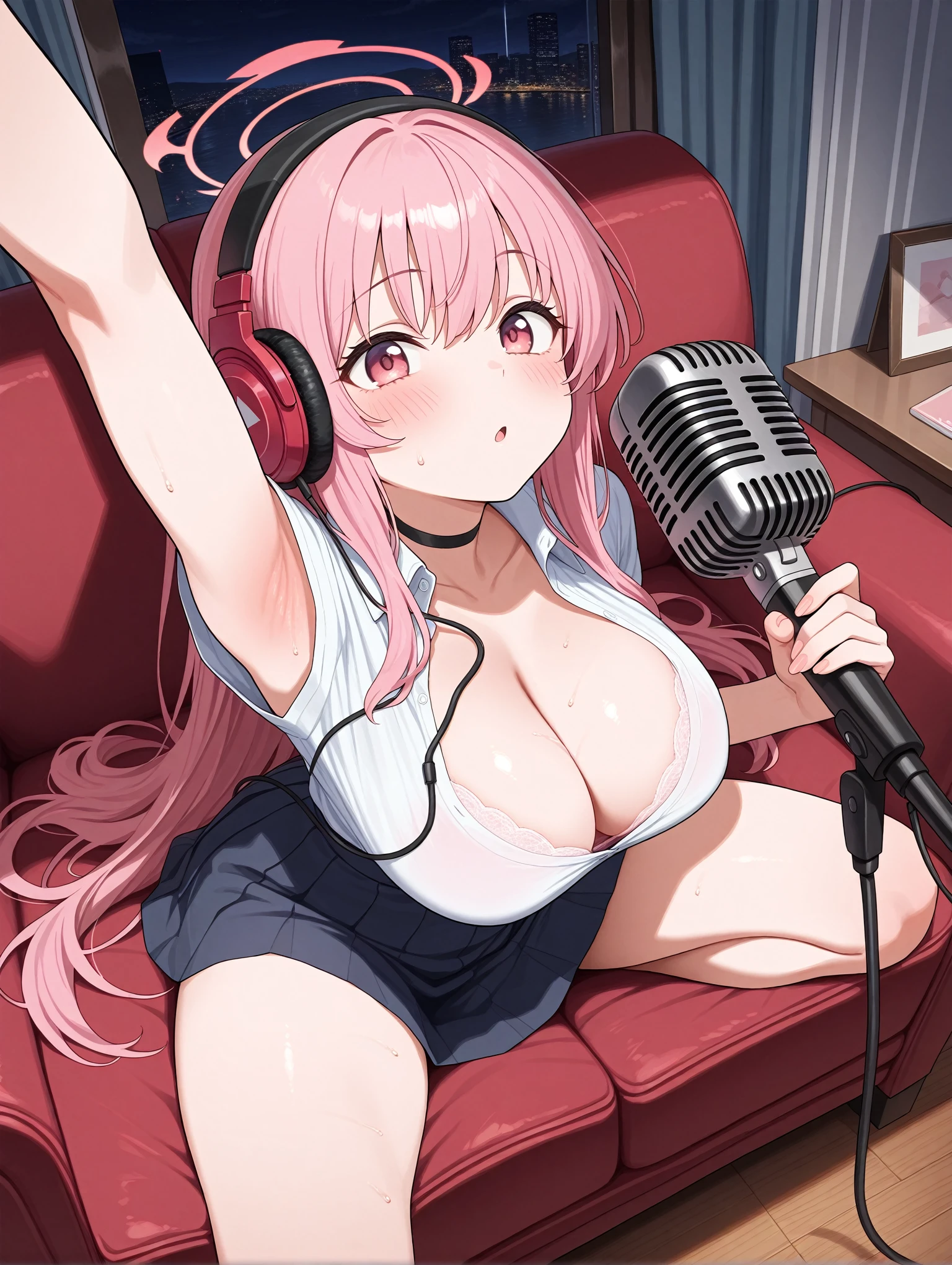 A girl wearing headphones and speaking into a microphone,,masterpiece,best quality,amazing quality,very aesthetic,absurdres,newest,