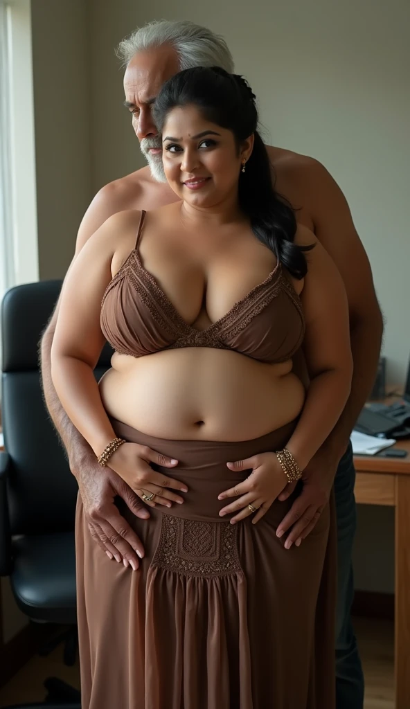 (masterpiece) (realistic) Brunei Woman 68 years old (nude curvy hourglass figure mature woman) (sexy chubby body shape), that woman on her lap by an old man nude too, posing that she in front the old man with huge dick, (the man's hand rubbed her hairy vagina), (couple photography) (highly detailed:1.2), dark bun messy hair, passionate warm atmosphere, (hairy pussy), sexual desire, professional photography with excellent lighting