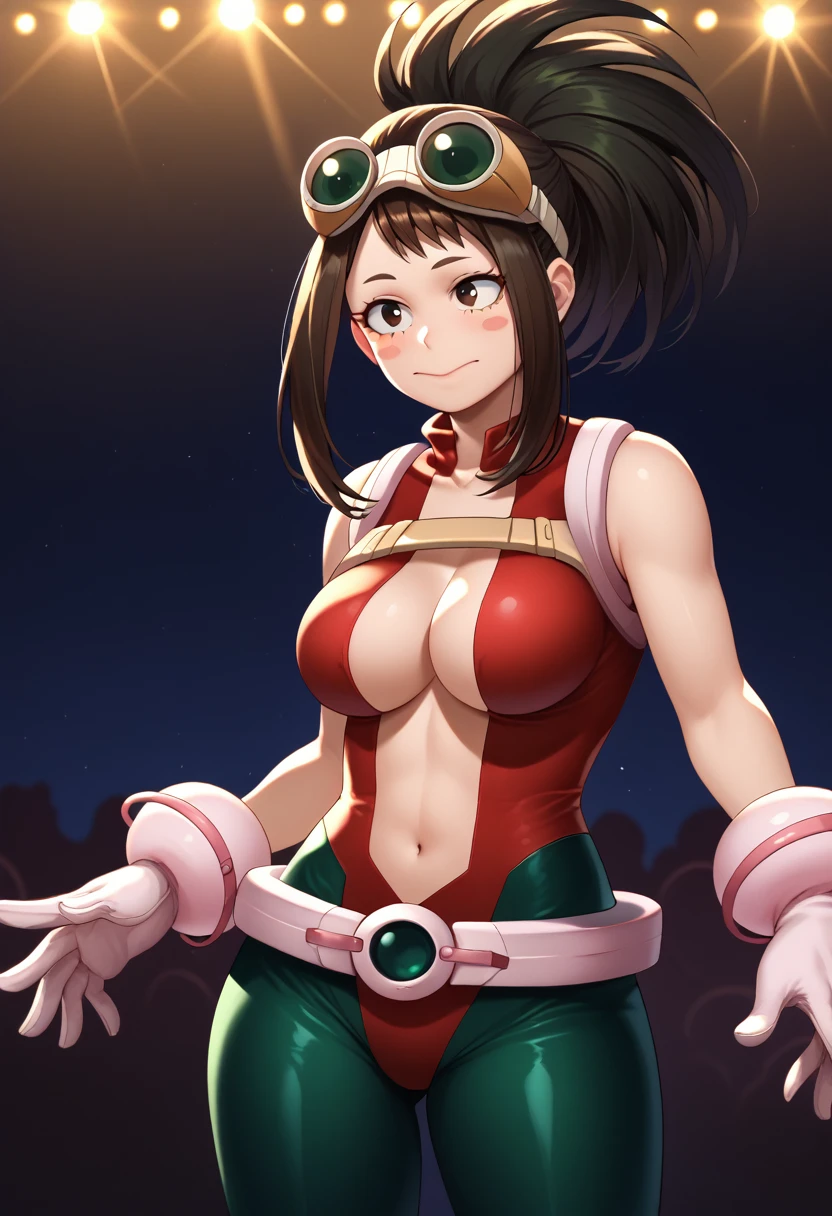 score_9_up, score_8_up, score_7_up,score_6_up, score_5_up, score_4_up , 1girl, solo, ochako uraraka, brown eyes, brown hair, short hair, blush, blush stickers, bodysuit, skin tight, superhero, asui tsuyu, black eyes, black hair, bodysuit, boku no hero academia, breasts, frog girl, gloves, goggles, green bodysuit, long hair, 1girl, yaoyorozumomo, black eyes, black hair, ponytail, long hair, hair pulled back
center opening, cleavage, red leotard, hero outfit, navel, flirting, cowboy shot, stage lights, concert, stage