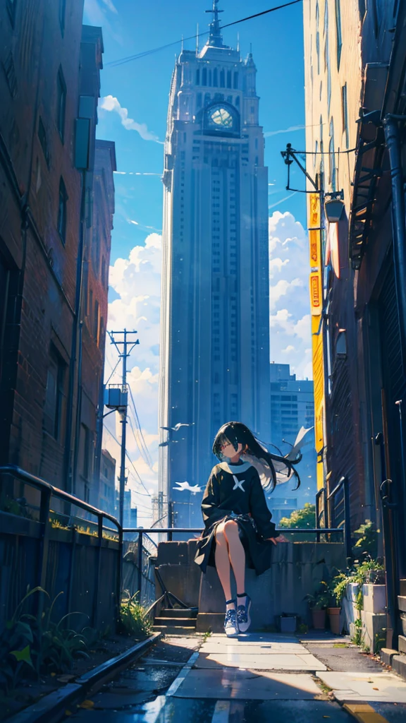 masterpiece,   apocalyptic environment  ,Best Quality,  one girl playing pranks, Alone, handrail, cloud, buildingを見上げる,Long Hair, zero,  Long Sleeve , Power Lines, White shoes,  Black Hair ,  Browse Viewers, Electric pole, bangs, cloudy zero, , bird, green eyes,  shorts, day,  Black Shirt , barefoot,Knight ,star,milky way, Knight ,Jet Black,building, sitting,Standing and looking up