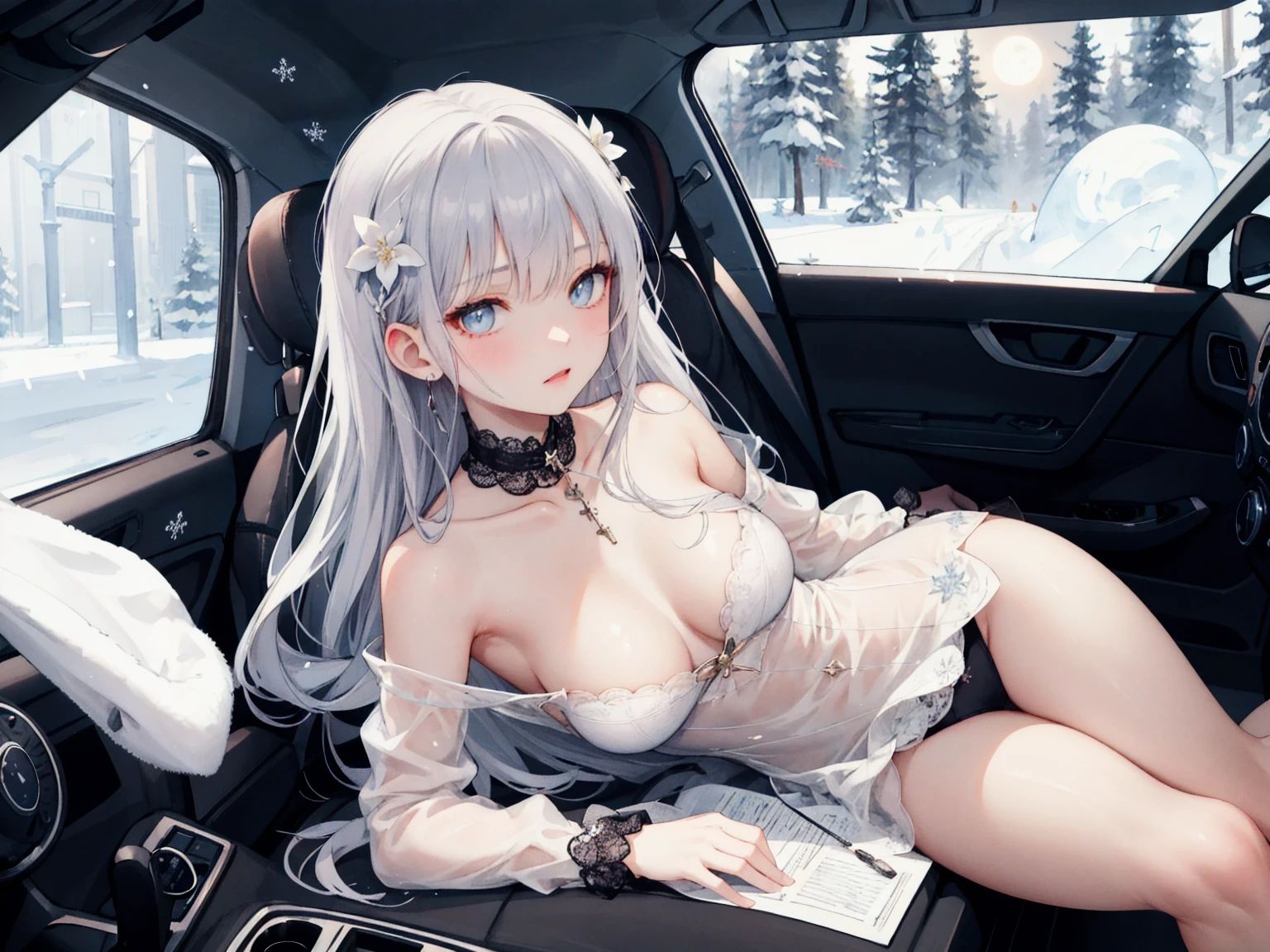 Long legs, long hair, white hair, thongs, nudity, big breasts, cleavage, ass