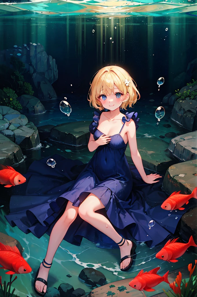 (8k,  super quality, masterpiece), ( Details),  one woman, cute,  small breasts, blonde, Navy Blue Dress, Floral, colorful, Hawaiian Dress, Sandals, whole body, soaked,  like a , The best smile, sea, sea水浴, Water Drop,  I'm soaked up to my chest, Lots of water, Underwater theme , 