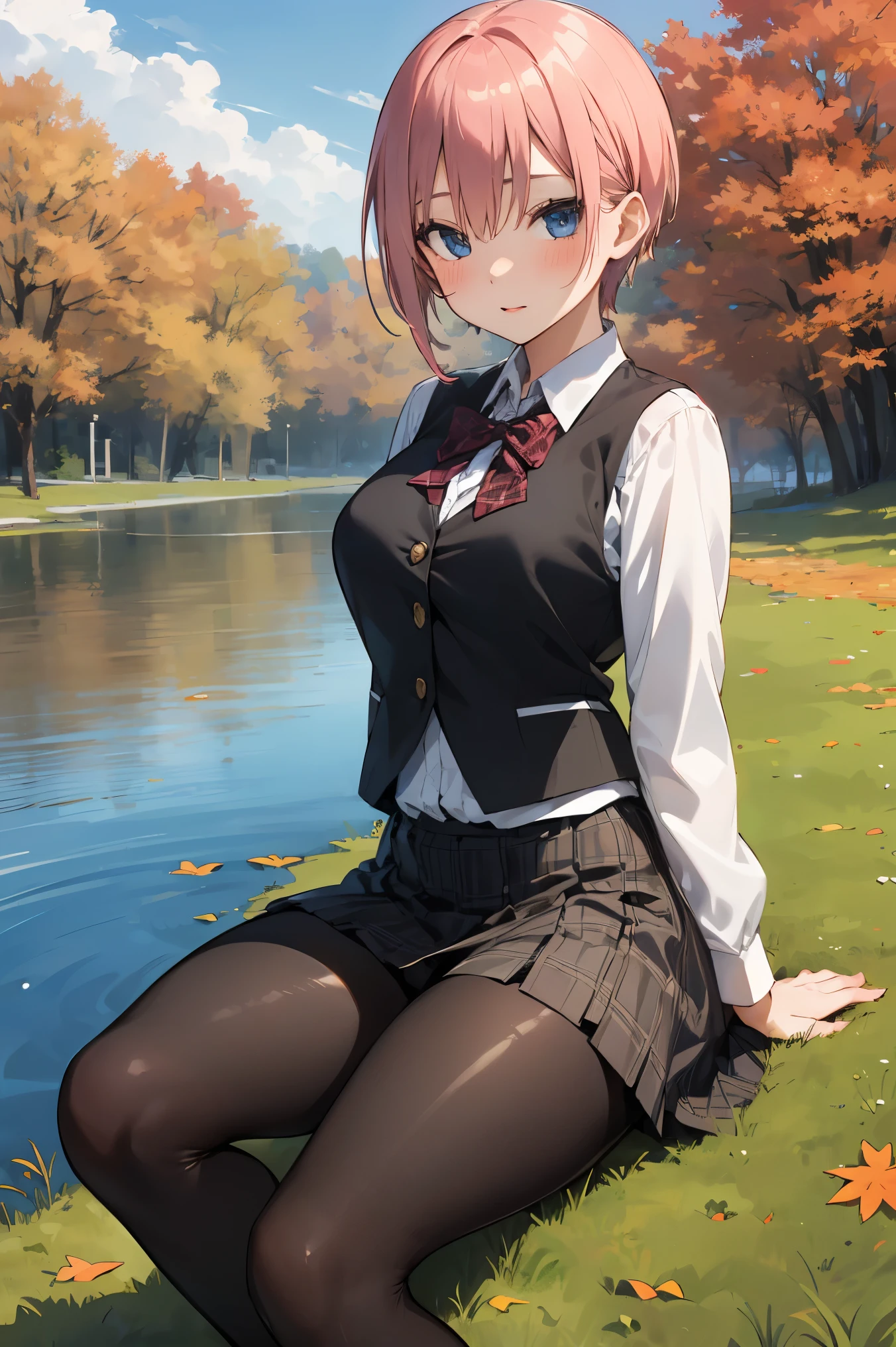 masutepiece, High quality, Best Quality, High resolution, 4K, High Definition, Beautiful lighting,1girl in, Short hair, Pink hair, Pink eyes, Yui, Hair bun, ((wide smile))、blushing、japanes、red blush, full pose, 2d, masterpiece, best quality, anime, full body, full pose, highly detailed, cowboy shot, 1girl, solo, blue eyes, ((black short dress)), bangs, medium breasts, ((black pantyhose)), blushing, ((sitting on rock)),((school shoes)), ((spread legs)), ((show panties)), cowboy shot, looking at viewer, forest background,