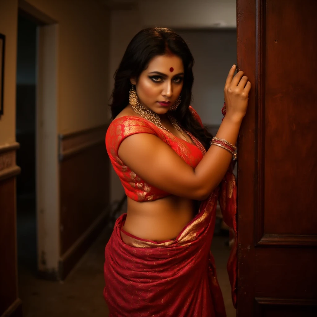 **Tags**  
1girl, South Asian woman, fair skin, dark hair, traditional attire, red sari, elaborate jewelry, cold expression, commanding gesture, closing door, assertive body language, dominant posture, 1boy, submissive, low angle, tense atmosphere, powerful stance, cinematic shot, luxurious room, warm ambient lighting, dramatic mood, high-resolution photograph, wooden door, intense stare, sensual power dynamics, cultural setting, intimate moment.

**Description**  
In this high-resolution photograph, a South Asian woman stands with an air of cold authority as she closes the door, signaling the departure of the man who stands on the other side. Her fair skin and dark hair are elegantly styled, and she wears a traditional red sari adorned with intricate gold embroidery, its luxurious fabric accentuating her curvy, hourglass figure. She wears bold, elaborate jewelry that adds to her commanding presence—large gold earrings, a nose ring, and a heavy necklace. 

Her body language is assertive and confident as she reaches for the door with one hand, her fingers curled around the handle in a gesture that conveys both dismissal and control. Her cold expression is intense, her eyes slightly narrowed with a focused, commanding gaze as she looks over her shoulder, watching the boy leave with a sense of authority. 

The low angle of the shot emphasizes her stature and dominance, making her appear even more in control. The warm, ambient lighting bathes the scene in a soft glow, highlighting the luxurious room with its ornate wooden door and delicate details. The background includes hints of rich textures and decor, setting a sensual yet intense atmosphere. The cinematic framing of the shot captures the woman’s dominance and the moment of power, as her expression remains cold and distant, while her actions speak volumes.