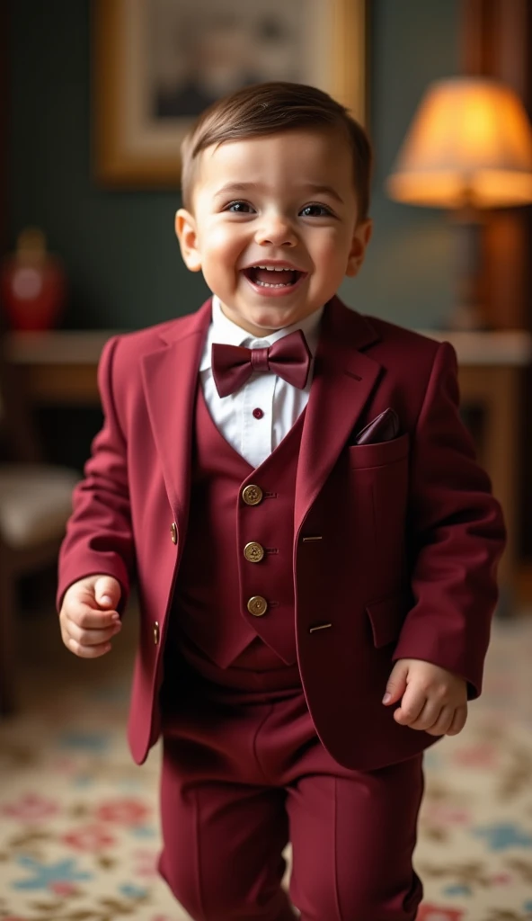 A young 8-month-old Adorable toddler boy, confidently walking, smiling joyfully and playfully, radiating happiness and innocence], [Photorealistic portrait photography, fashion photography], [Inspired by Annie Leibovitz's portrait style], [Shallow depth of field, 85mm lens, soft natural lighting, warm color palette dominated by burgundy and gold, velvety texture on the suit, blurred background suggesting an upscale interior, high resolution rendering, focus on the boy's face and expression