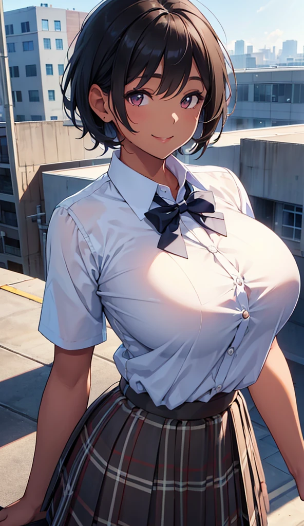 A beautiful girl is standing on the roof of a school,Looking at the viewer,Smile, white blouse, Plaid Pleated Skirt,Light blue bow tie,(Big Breasts:1.6),( tan brown skin),(Short black hair),High image quality