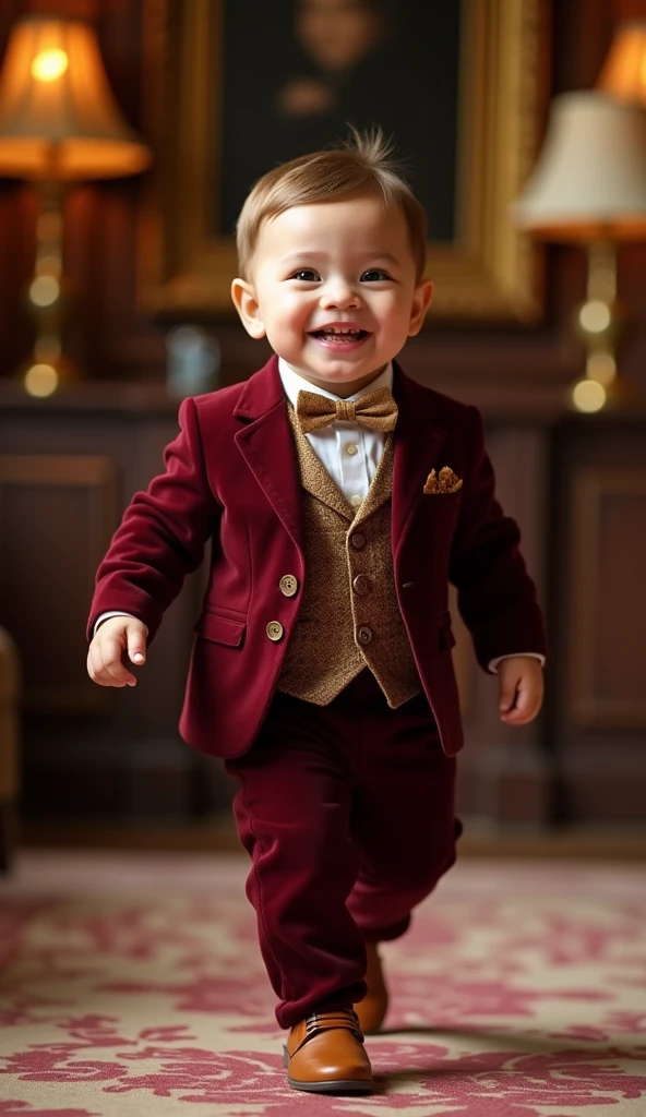 A baby 8-month-old Adorable toddler boy, confidently walking, smiling joyfully and playfully, radiating happiness and innocence], [Photorealistic portrait photography, fashion photography], [Inspired by Annie Leibovitz's portrait style], [Shallow depth of field, 85mm lens, soft natural lighting, warm color palette dominated by burgundy and gold, velvety texture on the suit, blurred background suggesting an upscale interior, high resolution rendering, focus on the boy's face and expression