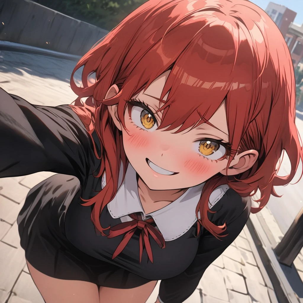 absurdres, masterpiece, best quality,anime, 1girl solo, kabedon pov, cute, petite, small breasts , plaits, ginger hair, freckels ,school uniform, smiling, blushing, parted lips ,red lisptick, skirt<lora:kabedonReceiversPOV_1girlSoloKabedonPov:1>