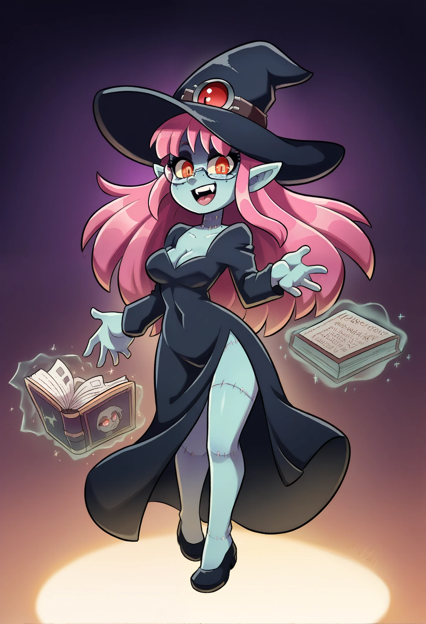 1girl, young girl, zombie girl, glowing green skin, witches attire, witch hat, stitches on face, stitches on arms, detailed zombie makeup, dark eyeshadow, black witch dress, long sleeves, cute zombie, nerdy glasses, sharp glasses, innocent face, friendly expression, smiling, freckles, sharp fangs, blood red eyes, light blue magic, magic casting, glowing hands, spell book, holding spell book, glowing book, ancient spell book, stitches on face, stitches on arms, pink hair, long pink hair, dark background, fantasy setting, glowing magic, detailed clothes, eerie yet friendly, anime style, detailed eyes, soft shading, intricate design, flowing dress, long hair, atmospheric lighting, dynamic pose, charming look, warm colors, atmospheric lighting, dynamic pose, detailed face, extremely detailed eyes, masterpiece, 4k, 8k, high-res, ultra-detailed, physically-based rendering, vivid colors, studio lighting cinematic lighting, dramatic lighting, fantasy, dramatic composition, dynamic pose, volumetric lighting, cleavage, perfect ass, great hips, C-cups, Perfect breasts, shapely figure, sharp ears, elf ears, anime style, delicate facial features, dark magic, mysterious aura, freckles, breathtaking scenery, short, chibi, detailed eyes, soft shading, intricate design, flowing dress, long hair, atmospheric lighting, dynamic pose, charming look, warm colors, Full body
