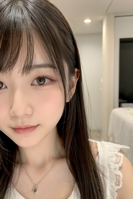 Japanese female 1 person, White Room,  are wearing a white dress, chest, Selphy, Droopy eyes, Narrow eyes, Age 30, Landmine Makeup, Small eyes, Lower your eyes,  sleepy, Face slimming , , and the mouth is sticking forward, The width of the eyes is narrow 